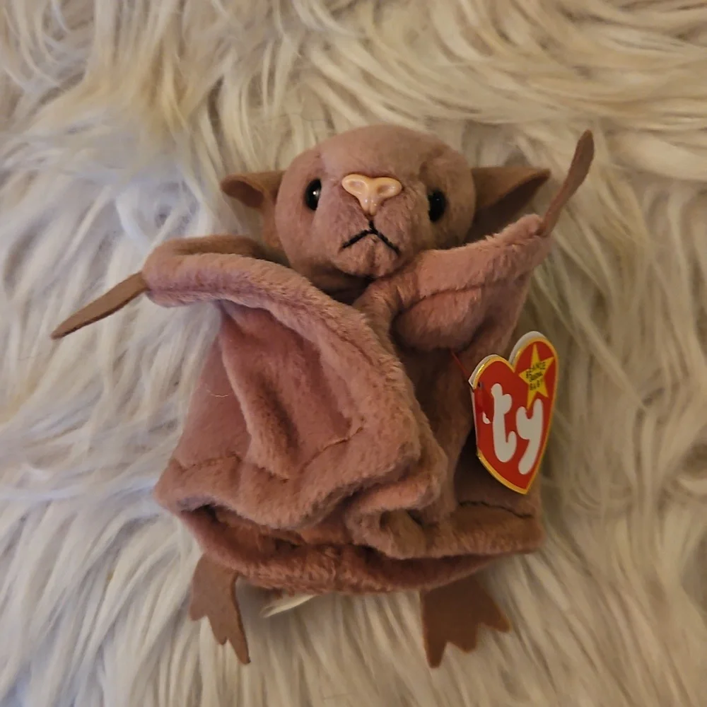 Batty Beanie Baby (1996) | Tan w/ Pink Nose | Velcro Wings | All Tags Attached